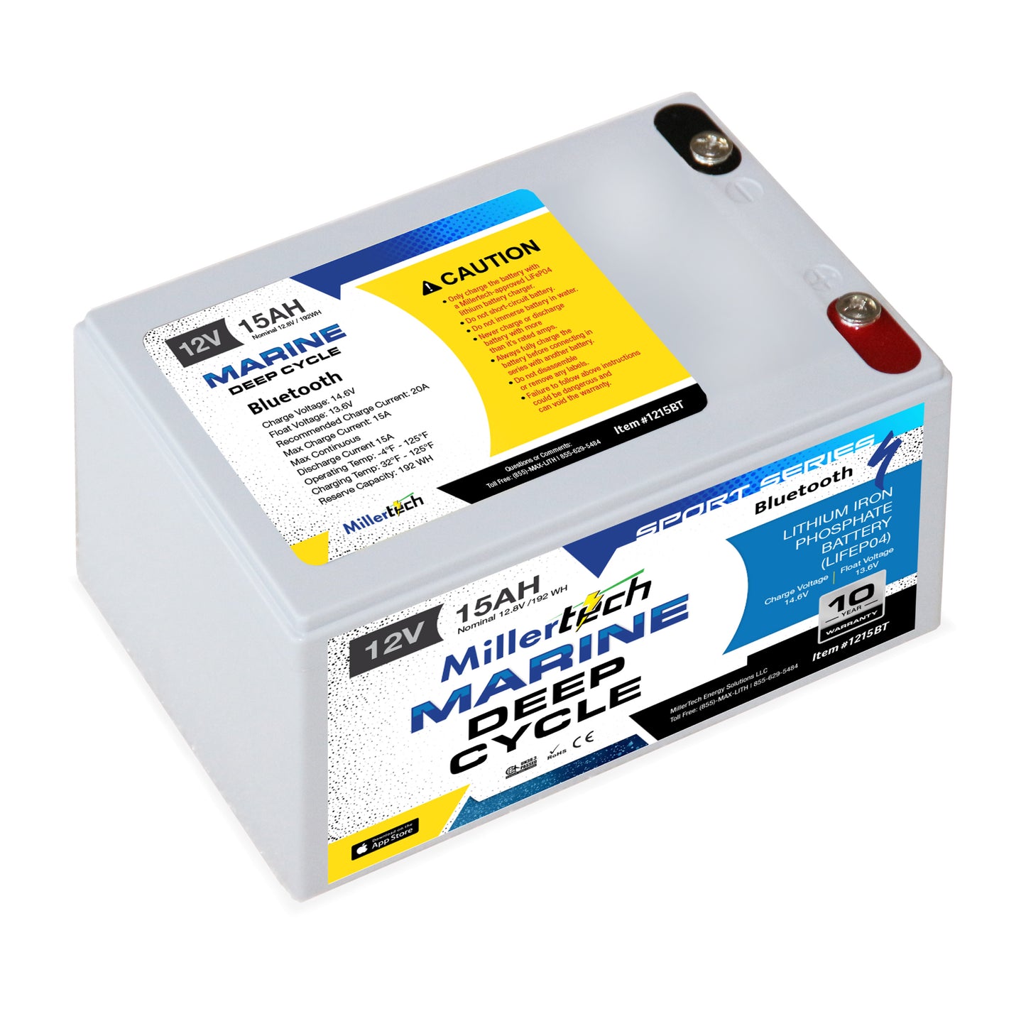 MillerTech 15Ah 12V MARINE Bluetooth Lithium Iron Phosphate (LiFePO4) Deep Cycle Battery (1215BT)
