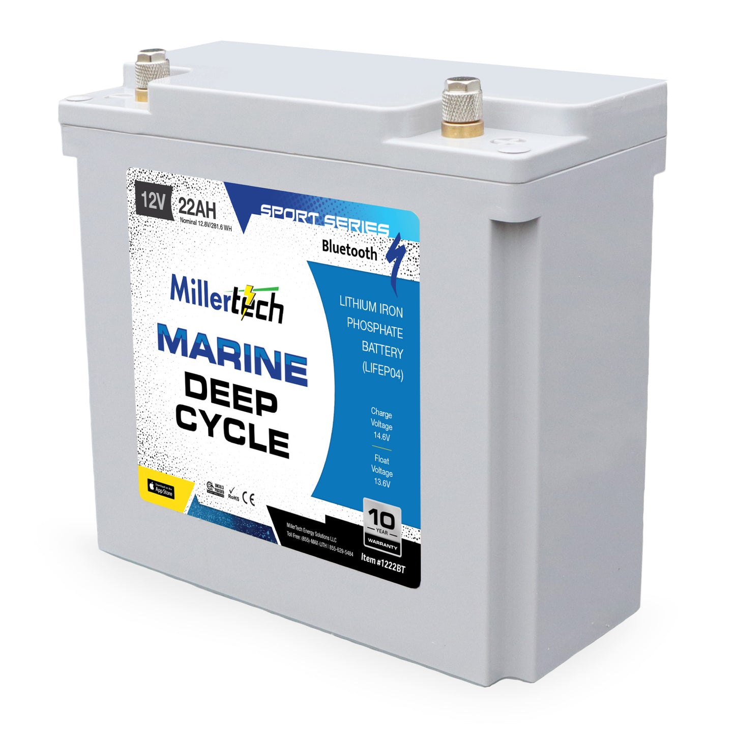MillerTech 22Ah 12V MARINE Bluetooth Lithium Iron Phosphate (LiFePO4) Deep Cycle Battery (1222BT)