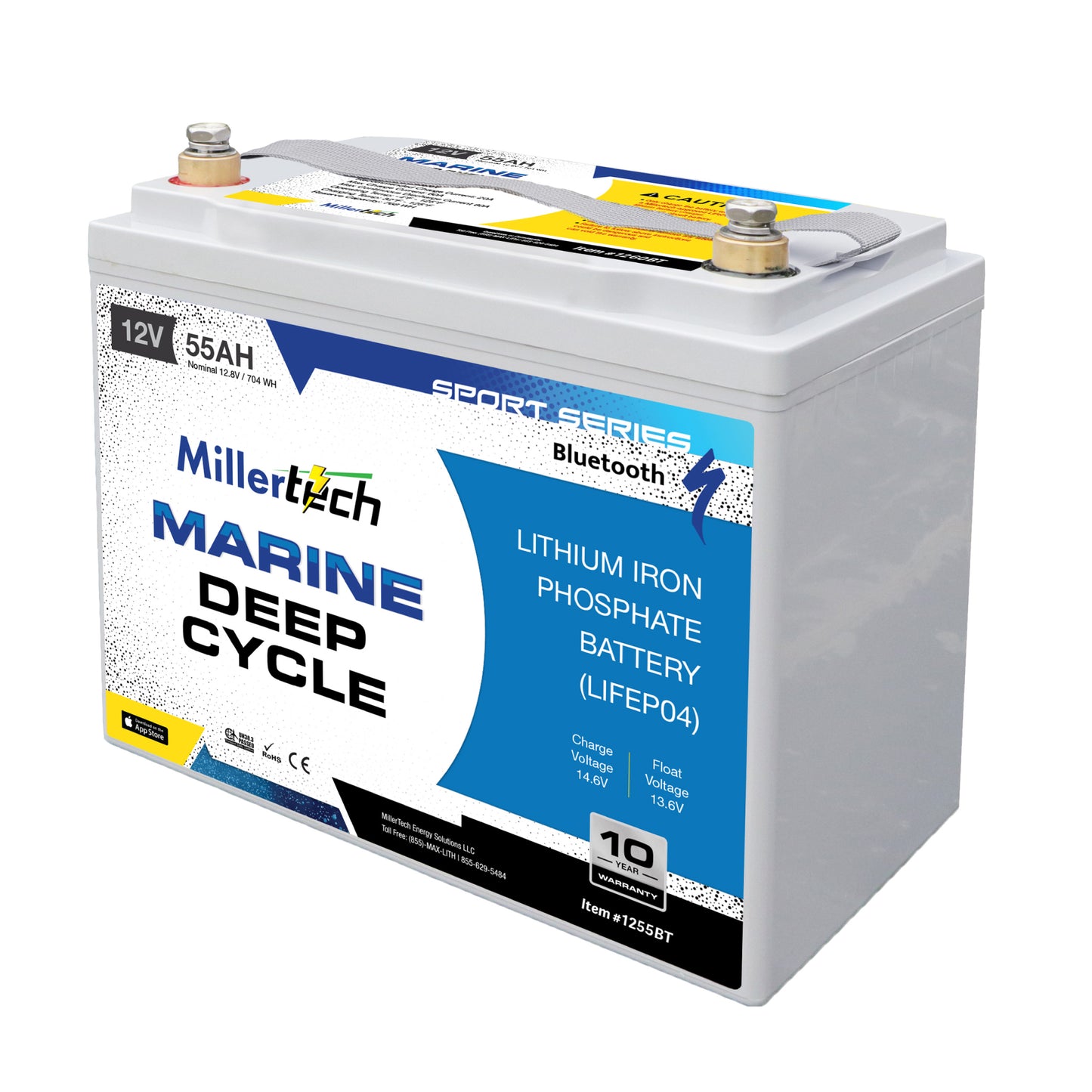 MillerTech 55Ah 12V MARINE Bluetooth Lithium Iron Phosphate (LiFePO4) Deep Cycle Battery (1255BT)