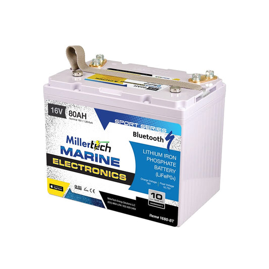 MillerTech 80Ah 16V MARINE Electronics Bluetooth Lithium Iron Phosphate (LiFePO4) Deep Cycle Battery (1680-BT)