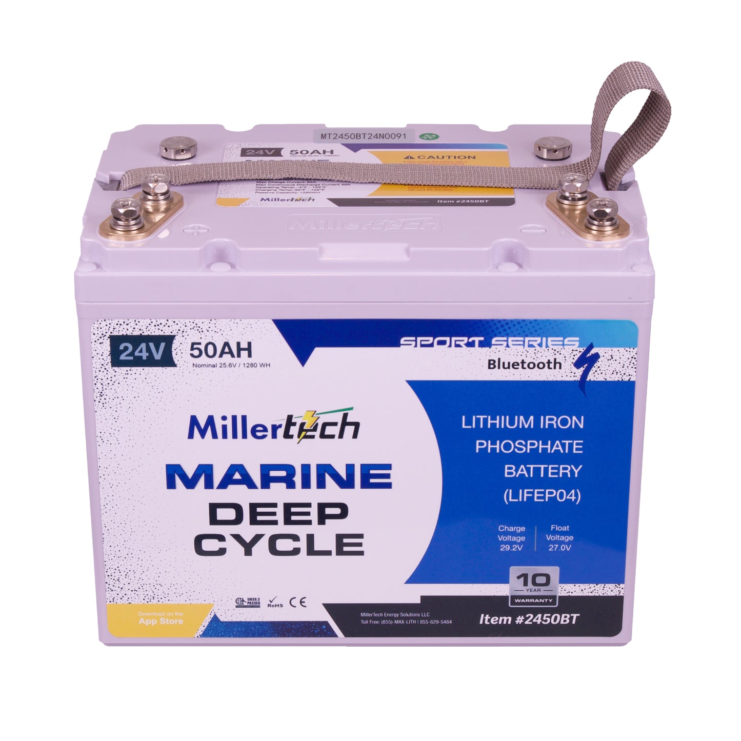 MillerTech 50Ah 24V MARINE Bluetooth Lithium Iron Phosphate (LiFePO4) Trolling Motor Group 24 Battery (2450G24-BT)