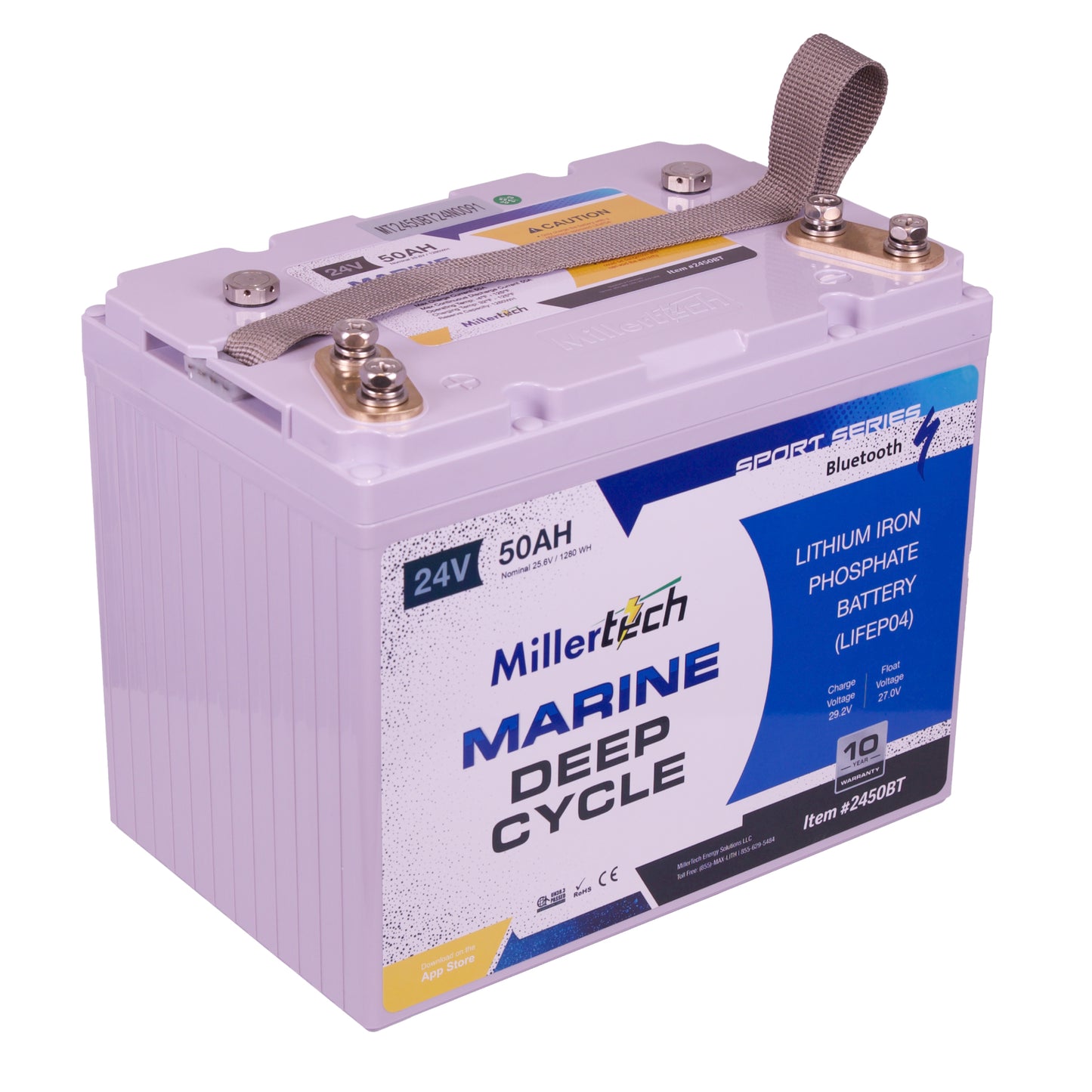 MillerTech 50Ah 24V MARINE Bluetooth Lithium Iron Phosphate (LiFePO4) Trolling Motor Group 24 Battery (2450G24-BT)