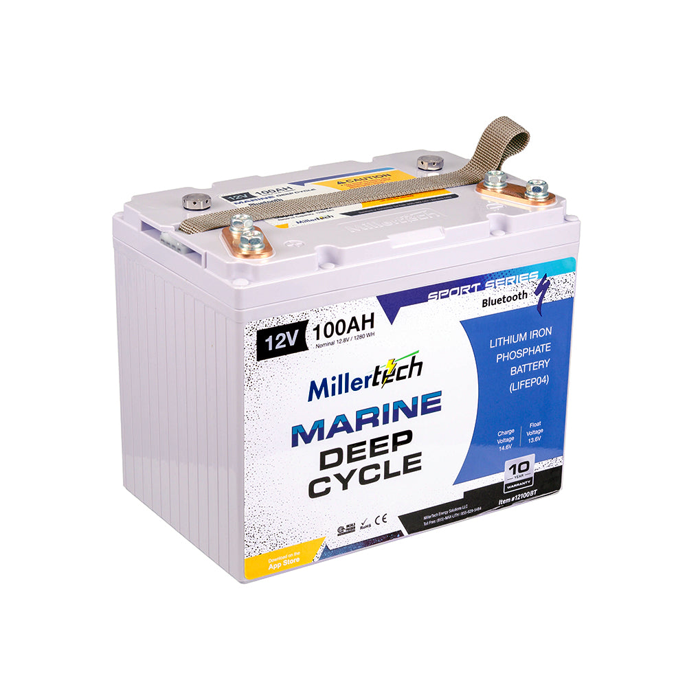 MillerTech 100Ah 12V MARINE Bluetooth Lithium Iron Phosphate (LiFePO4) Trolling Motor Group 24 Battery (12100G24)