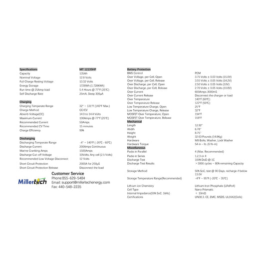 MillerTech 135Ah 12V DUAL PURPOSE 1500CCA Bluetooth Lithium Iron Phosphate (LiFePO4) Group 31 Battery (12135DP)