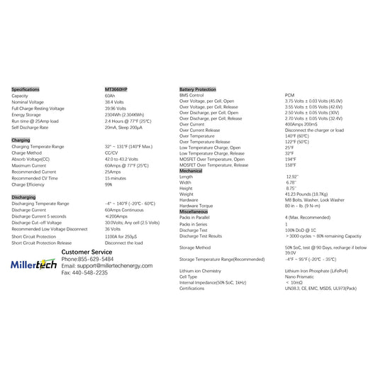 MillerTech 60Ah 36V MARINE Bluetooth Lithium Iron Phosphate (LiFePO4) Trolling Motor Group 31 Battery (3660BT)