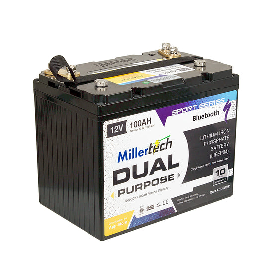 MillerTech 100Ah 12V DUAL PURPOSE 1200CCA Bluetooth Lithium Iron Phosphate (LiFePO4) Group 24 Battery (12100DP-G24)