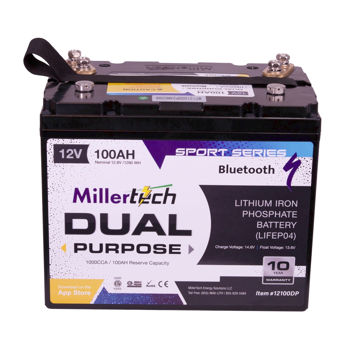 MillerTech 100Ah 12V DUAL PURPOSE 1200CCA Bluetooth Lithium Iron Phosphate (LiFePO4) Group 24 Battery (12100DP-G24)