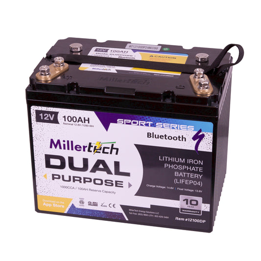 MillerTech 100Ah 12V DUAL PURPOSE 1200CCA Bluetooth Lithium Iron Phosphate (LiFePO4) Group 24 Battery (12100DP-G24)