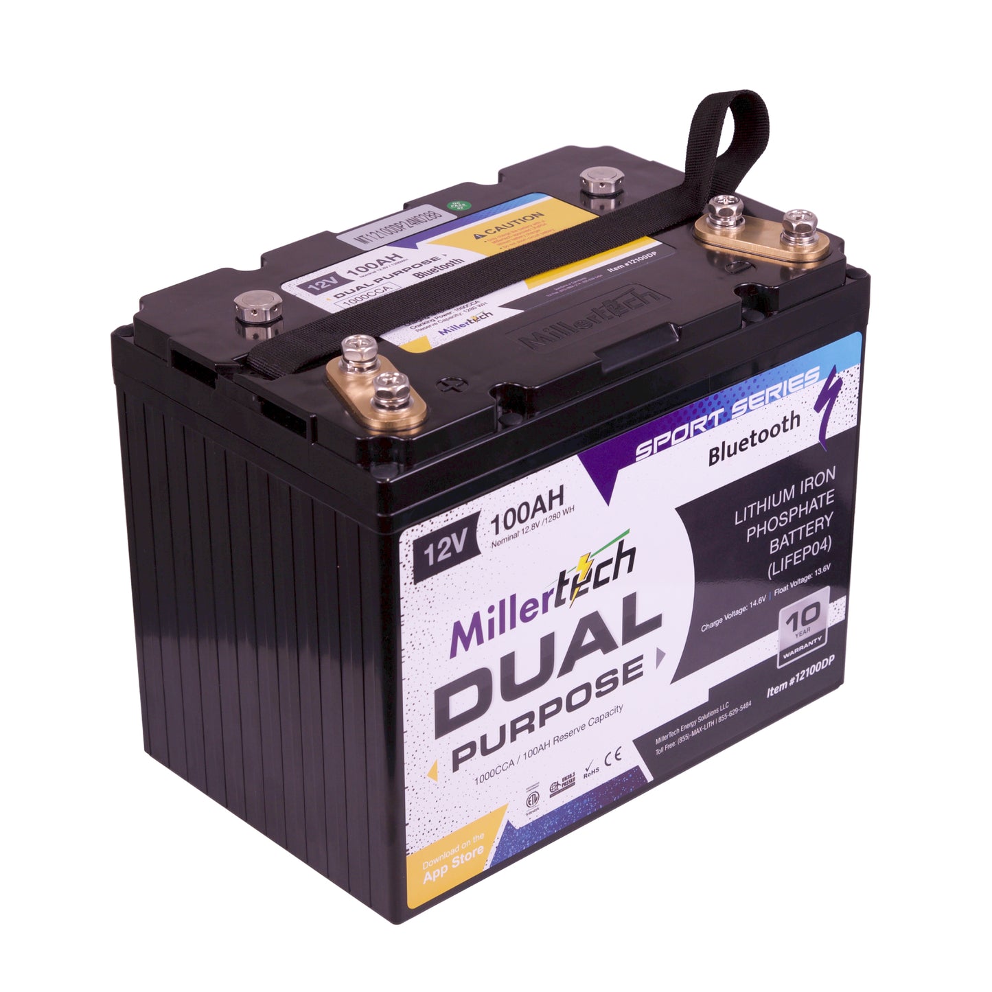 MillerTech 100Ah 12V DUAL PURPOSE 1200CCA Bluetooth Lithium Iron Phosphate (LiFePO4) Group 24 Battery (12100DP-G24)