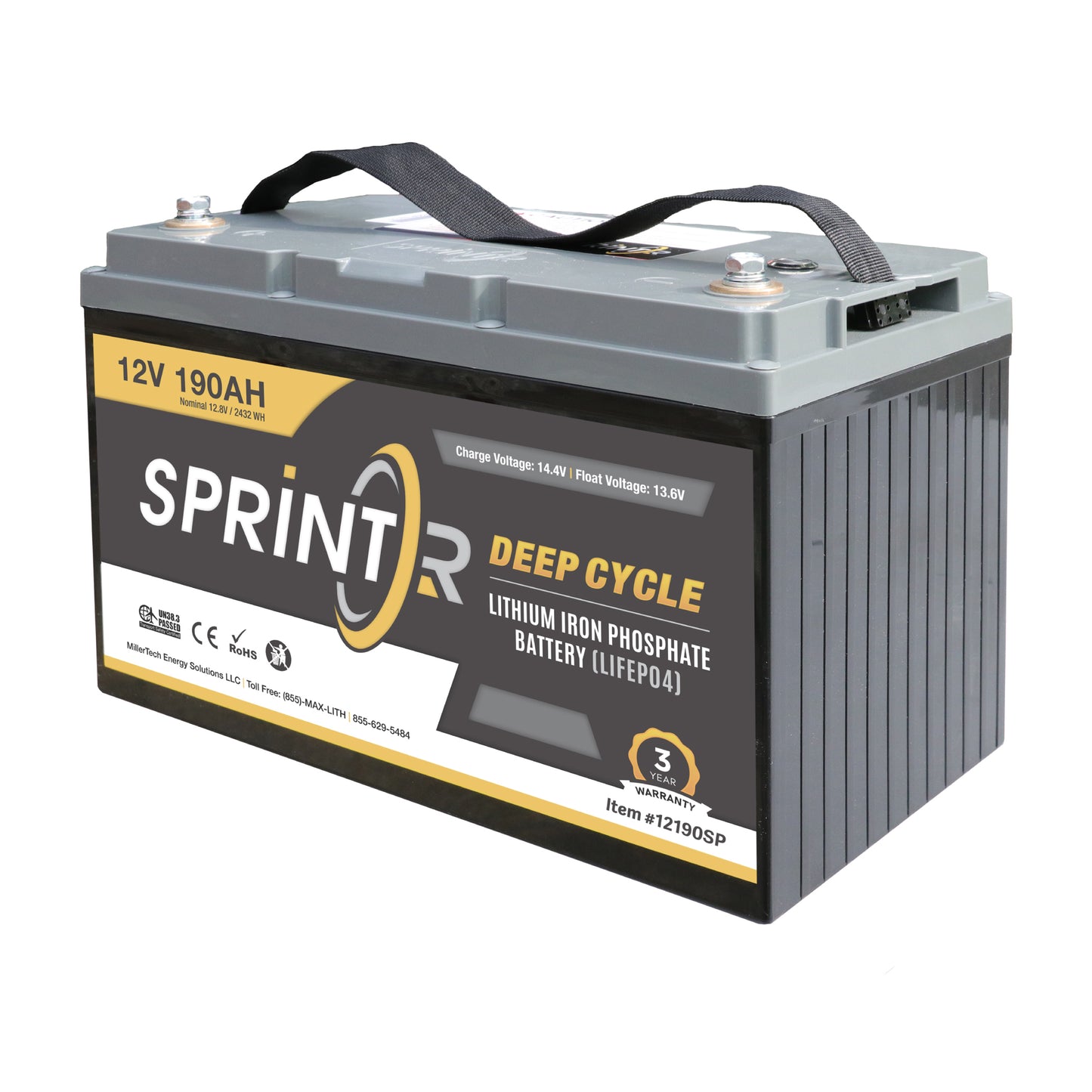 MillerTech 190Ah 12V SPRINTR Lithium Iron Phosphate (LiFePO4) Deep Cycle Battery (12190SP)