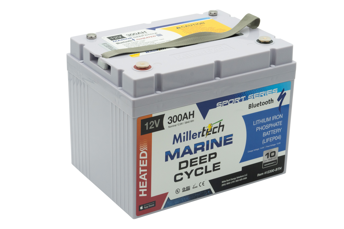 MillerTech 300Ah 12V MARINE HEATED Bluetooth Lithium Iron Phosphate (LiFePO4) Deep Cycle Battery (12300-BTH)