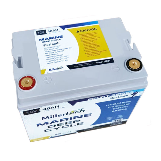 MillerTech 40Ah 12V MARINE Bluetooth Lithium Iron Phosphate (LiFePO4) Deep Cycle Battery (1240BT)