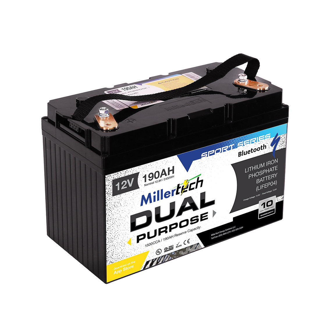 MillerTech 190Ah 12V DUAL PURPOSE 1500CCA Bluetooth Lithium Iron Phosphate (LiFePO4) Group 31 Battery (12190DP)
