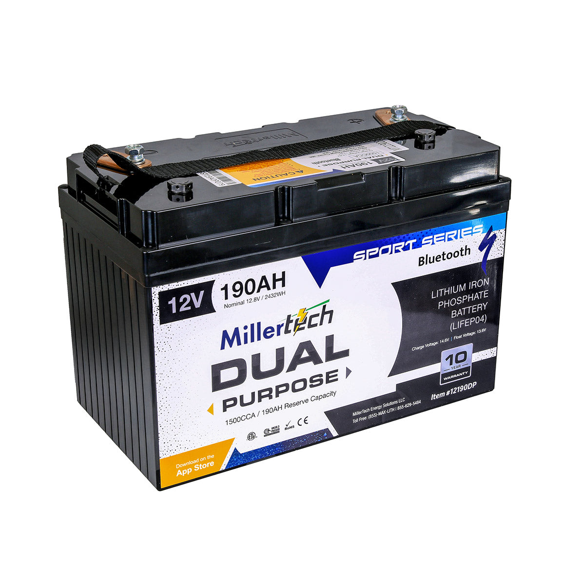 MillerTech 190Ah 12V DUAL PURPOSE 1500CCA Bluetooth Lithium Iron Phosphate (LiFePO4) Group 31 Battery (12190DP)