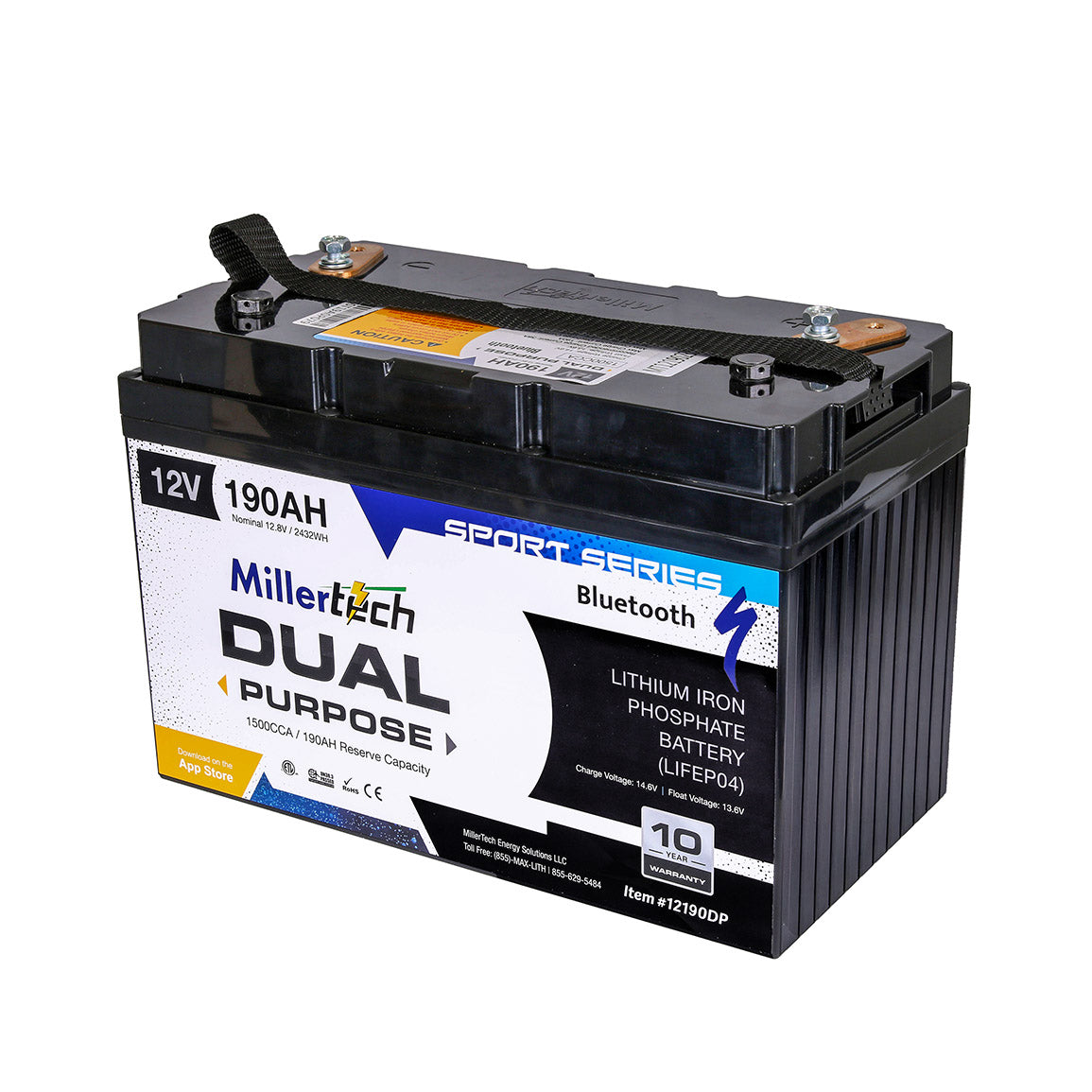 MillerTech 190Ah 12V DUAL PURPOSE 1500CCA Bluetooth Lithium Iron Phosphate (LiFePO4) Group 31 Battery (12190DP)