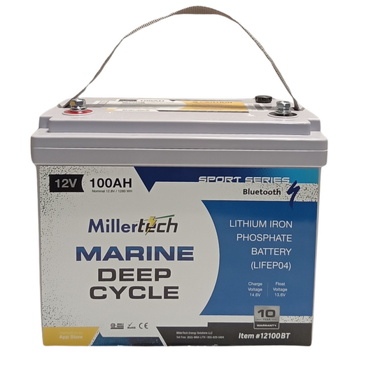 MillerTech 100Ah 12V MARINE Bluetooth Lithium Iron Phosphate (LiFePO4) Trolling Motor Group 24 Battery (12100BT24)