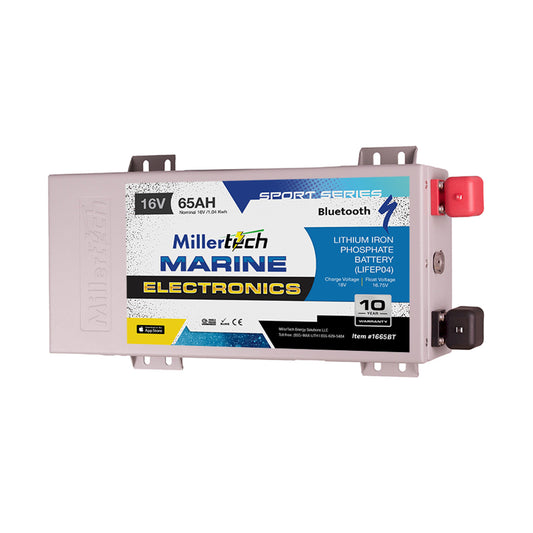 MillerTech 65Ah 16V MARINE Electronics Bluetooth Lithium Iron Phosphate (LiFePO4) Deep Cycle Battery (1665BT)