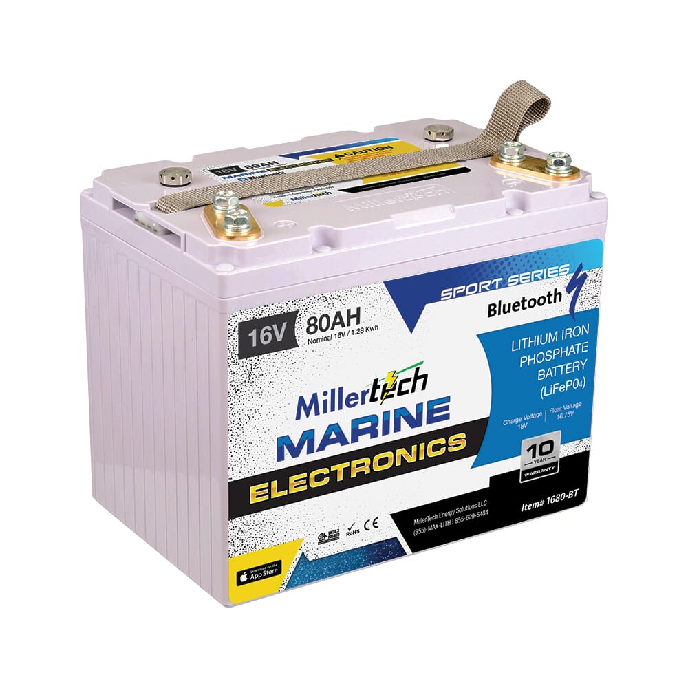 MillerTech 80Ah 16V MARINE Electronics Bluetooth Lithium Iron Phosphate (LiFePO4) Deep Cycle Battery (1680-BT)