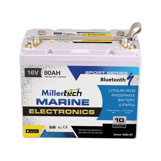 MillerTech 80Ah 16V MARINE Electronics Bluetooth Lithium Iron Phosphate (LiFePO4) Deep Cycle Battery (1680BT)