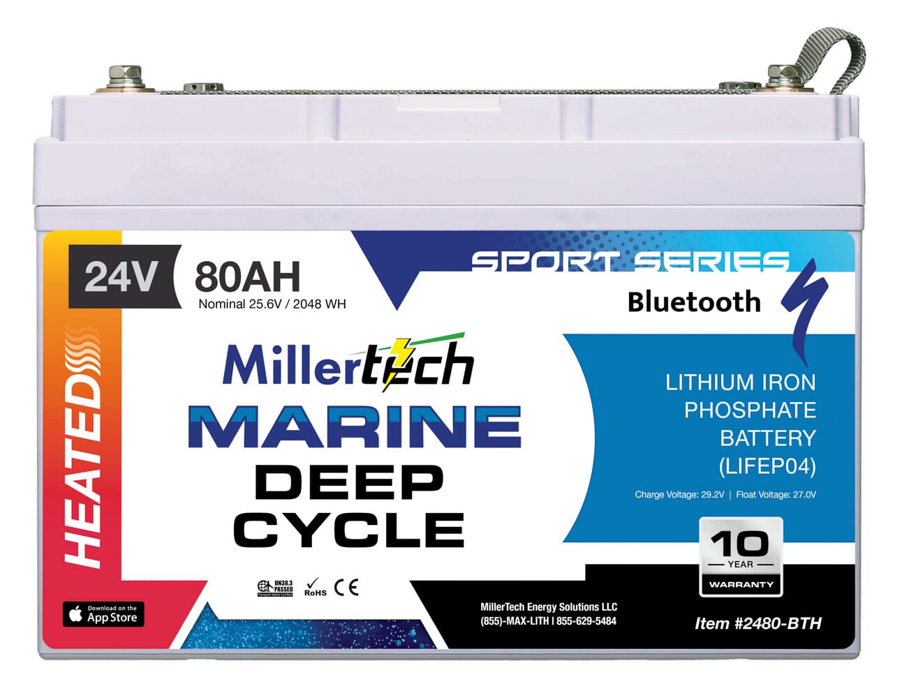 MillerTech 80Ah 24V MARINE HEATED Bluetooth Lithium Iron Phosphate (LiFePO4) Trolling Motor Group 31 Battery (2480-BTH)
