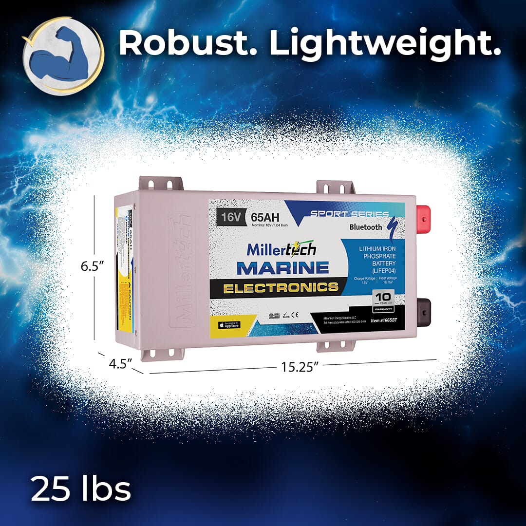 MillerTech 65Ah 16V MARINE Electronics Bluetooth Lithium Iron Phosphate (LiFePO4) Deep Cycle Battery (1665BT)