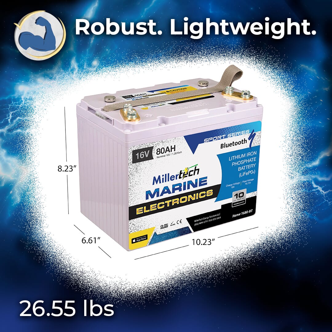 MillerTech 80Ah 16V MARINE Electronics Bluetooth Lithium Iron Phosphate (LiFePO4) Deep Cycle Battery (1680-BT)
