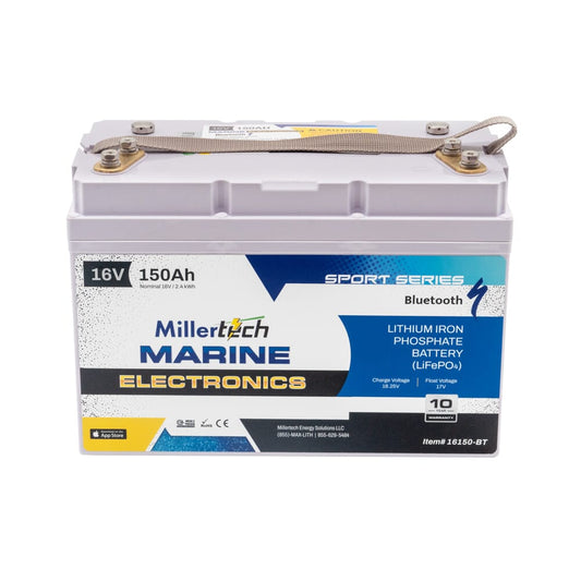 MillerTech 150Ah 16V MARINE Electronics Bluetooth Lithium Iron Phosphate (LiFePO4) Deep Cycle Battery (16150BT)