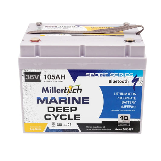 MillerTech 105Ah 36V MARINE "Sun Up To Sun Down" Bluetooth Lithium Iron Phosphate (LiFePO4) Trolling Motor Battery (36105-BT)