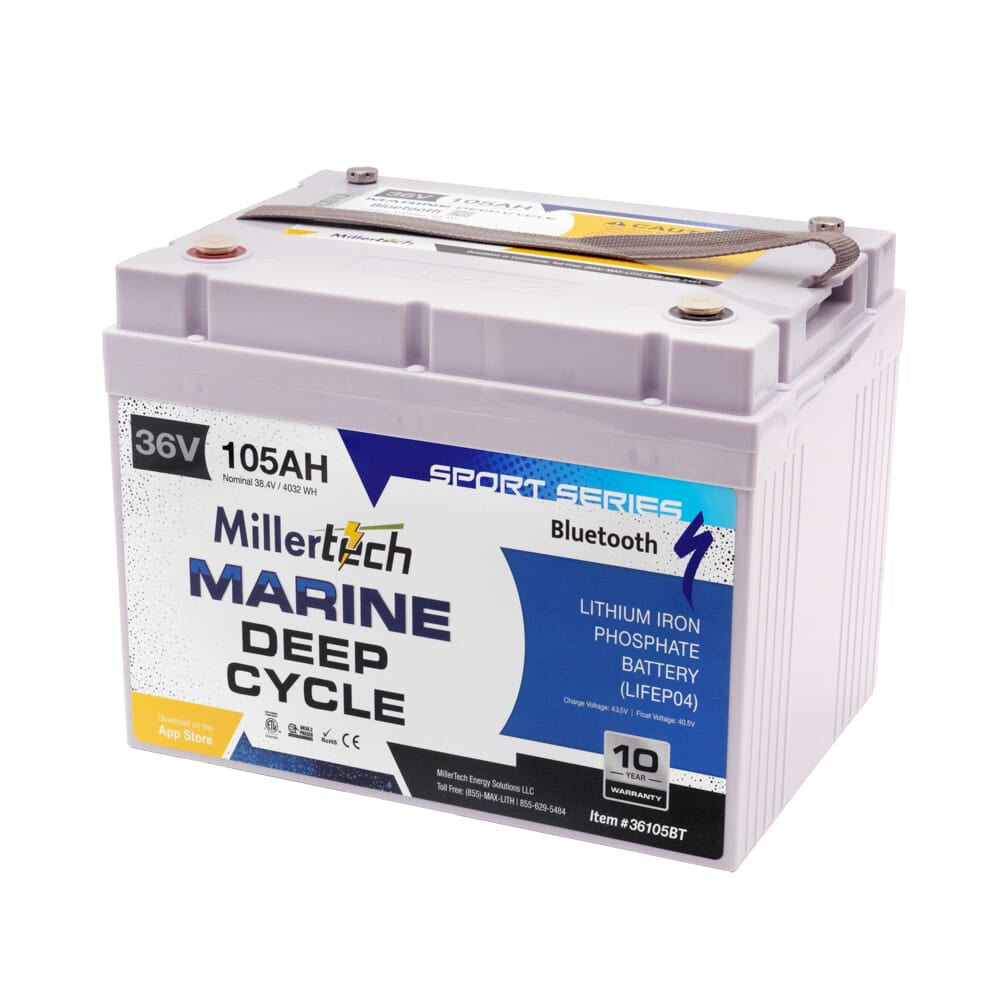 MillerTech 105Ah 36V MARINE "Sun Up To Sun Down" Bluetooth Lithium Iron Phosphate (LiFePO4) Trolling Motor Battery (36105-BT)