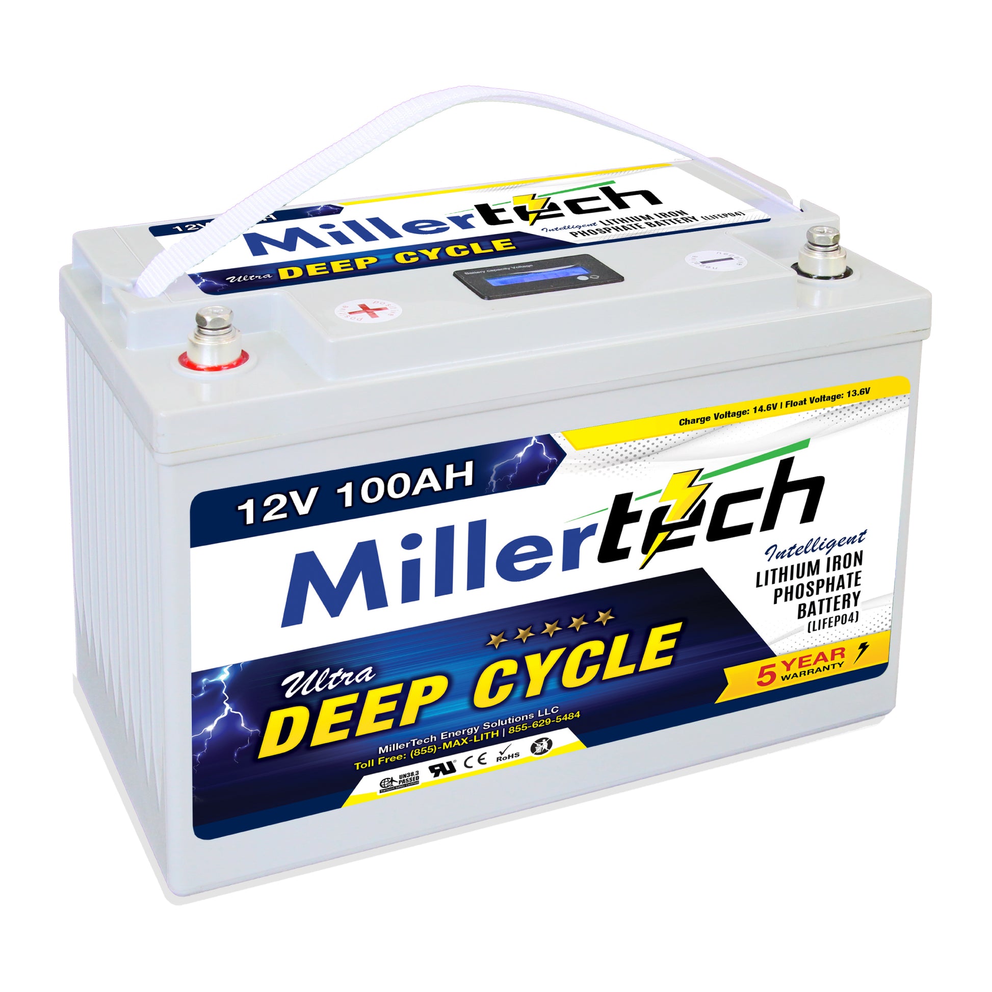 MillerTech 12100L 12V 100Ah Lithium Iron Phosphate Deep Cycle Battery For Boat Trolling Motors, RV's, Golf Carts, Solar Systems, & Off Grid Applications