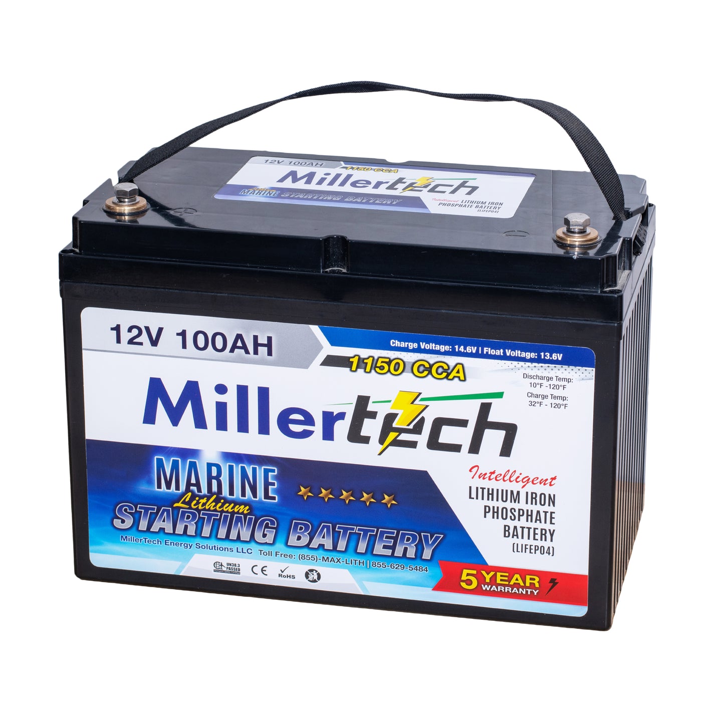 MillerTech 12100S 12V 100Ah 750 CCA Marine Rated Lithium Iron Phosphate Starting Battery For Bass Fishing Boats