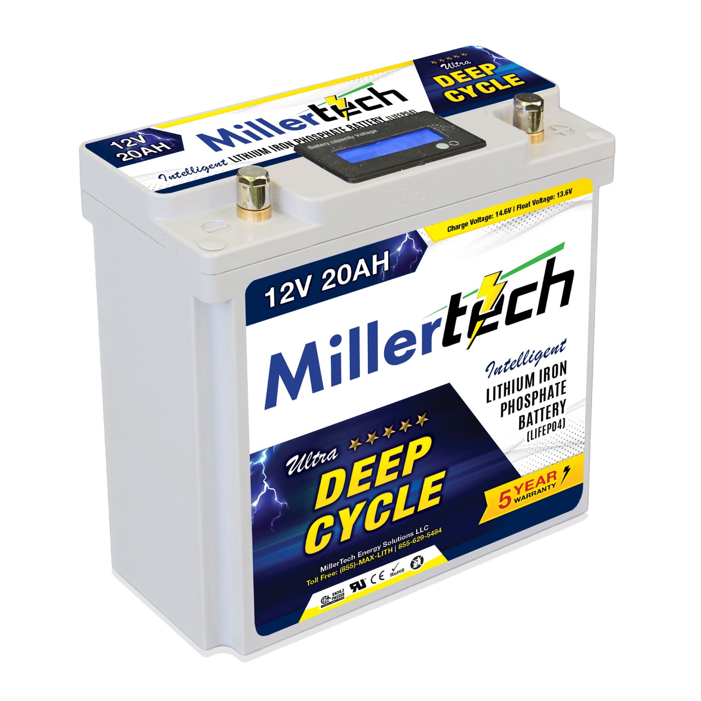 MillerTech 20Ah 12V PREMIUM Lithium Iron Phosphate (LiFePO4) Smart Battery (1220L)