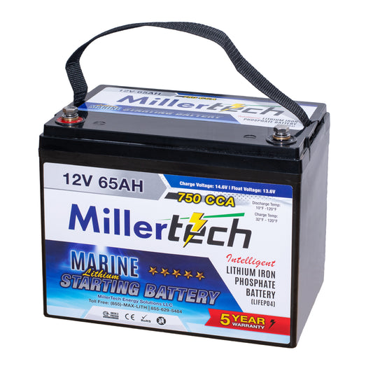 MillerTech 1265S 12V 65Ah 750 CCA Marine Rated Lithium Iron Phosphate Starting Battery For Bass Fishing Boats